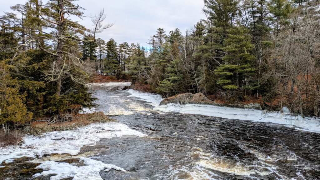 Mattawamkeag River from the bridge on Route 2 in lsland Falls Maine  on December 16, 2024